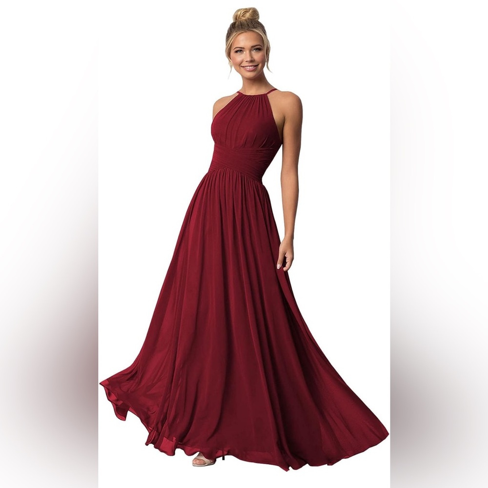 A-line chiffon halter bridesmaid dress with corset lace up back